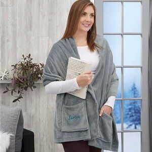 New Fleece Pocket Wrap Cuddle Scarf Blanket Grey Amanda